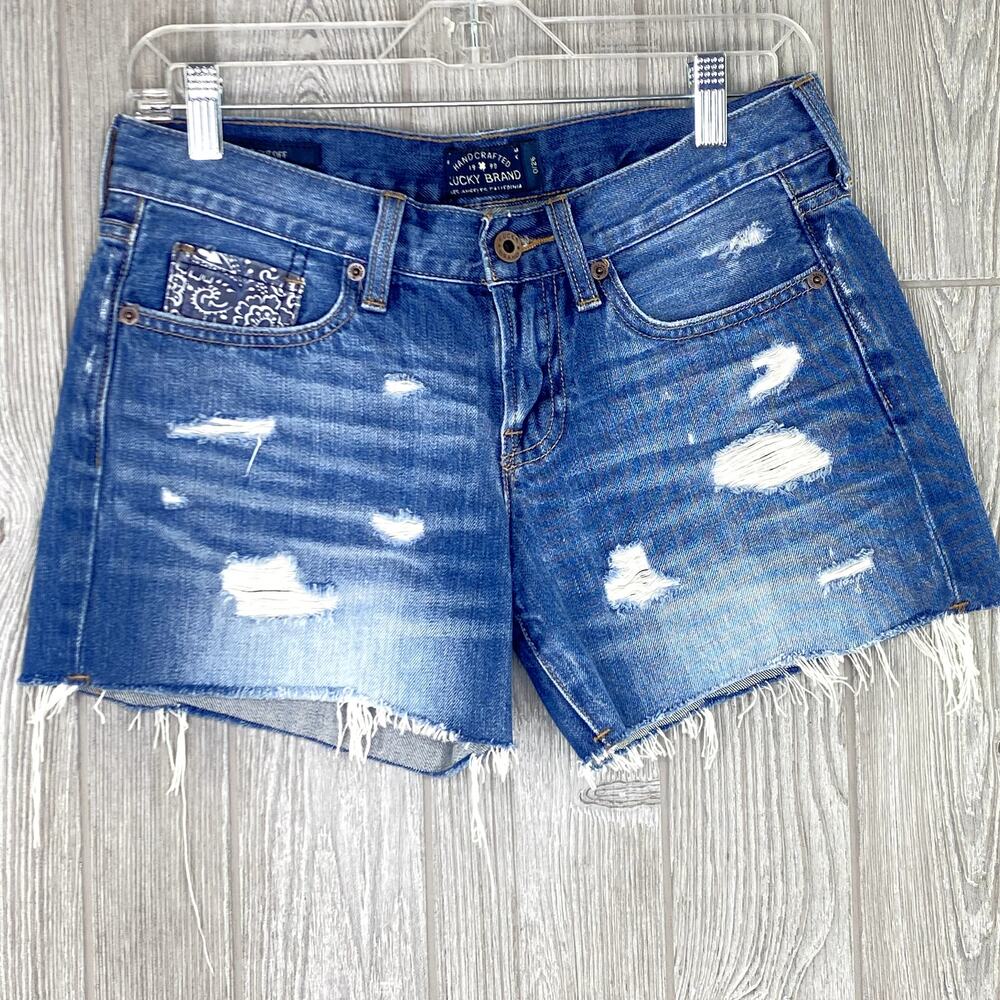 Lucky Brand 'The Cut Off' Denim Shorts 0/25 Bandana Pocket Jean Distressed Blue